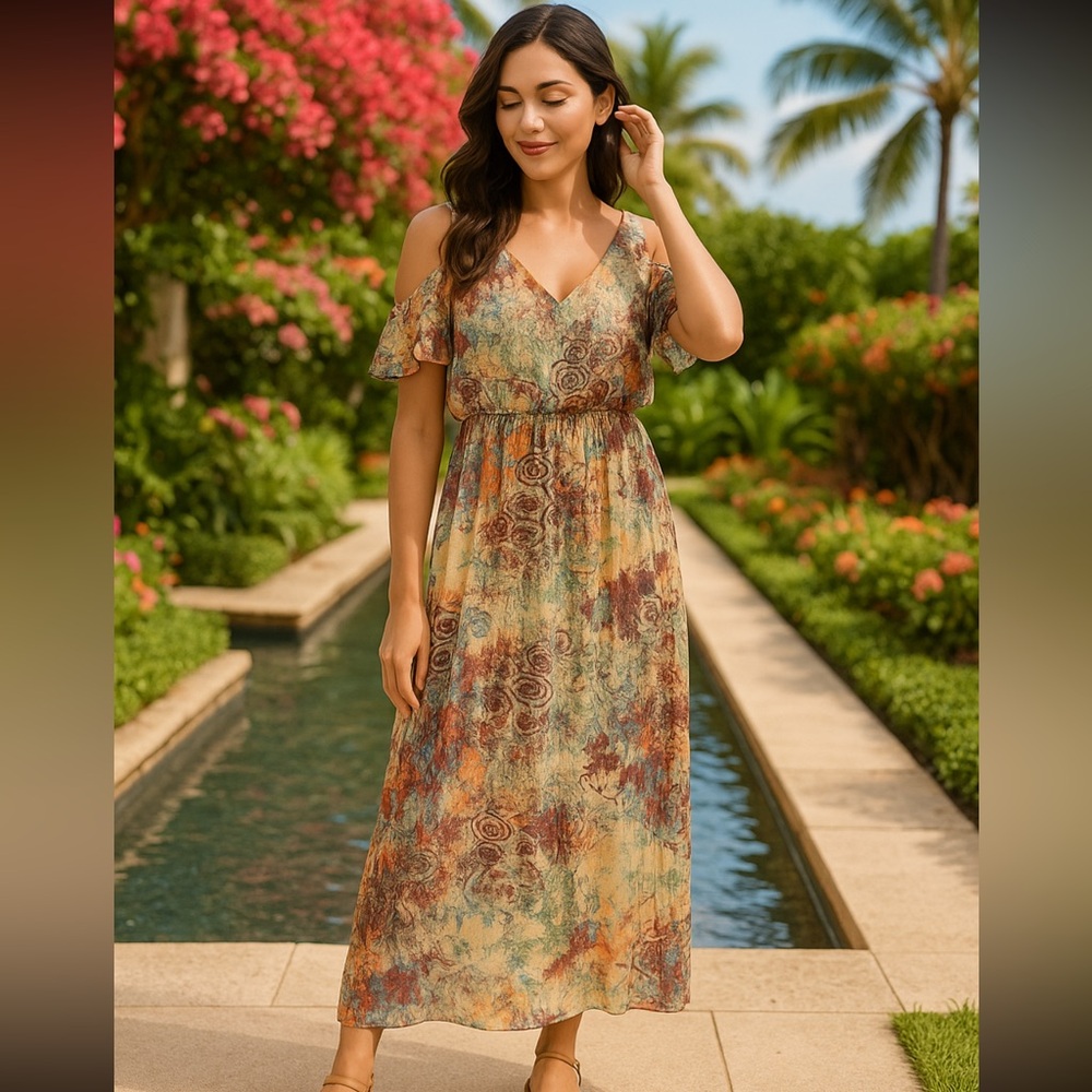 Nine West Cold Shoulder Maxi Dress | Abstract Floral Watercolor Print | Size 2 - Picture 1 of 12